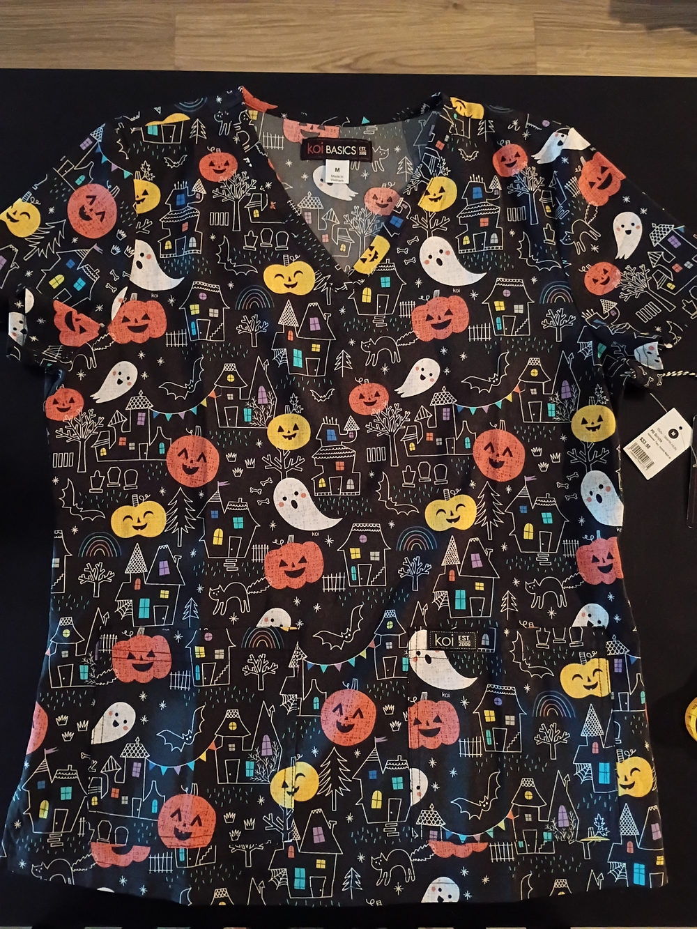 Koi Basics Women’s Halloween Printed Theme "Haunted Night" Scrub Top – Size Medi